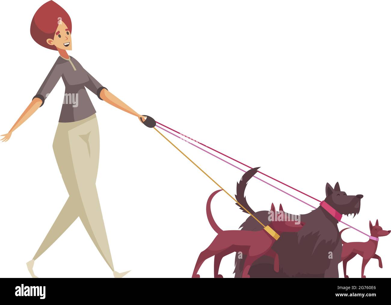 Woman pet sitter walking three dogs on leash cartoon icon vector