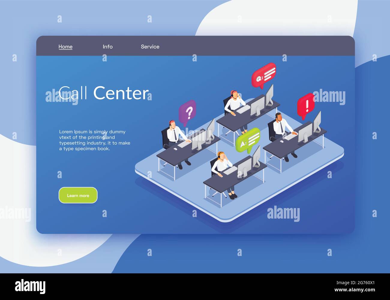 Customer service isometric banner or landing page with call center