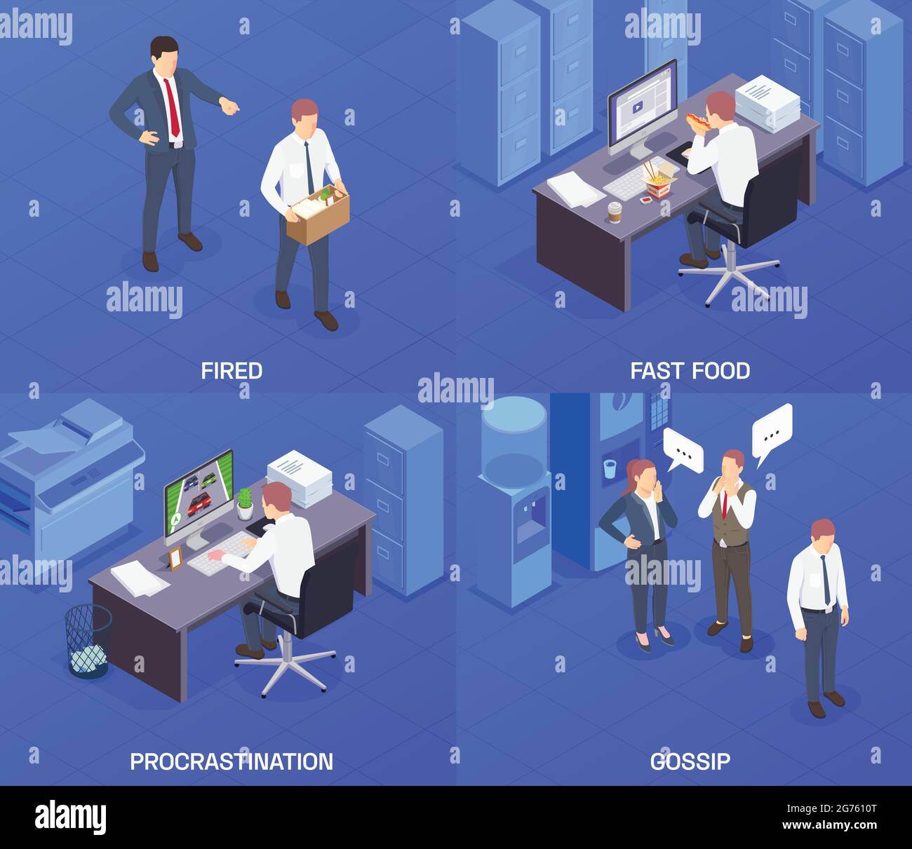 Four squares isometric problem situations at work icon set with fired ...