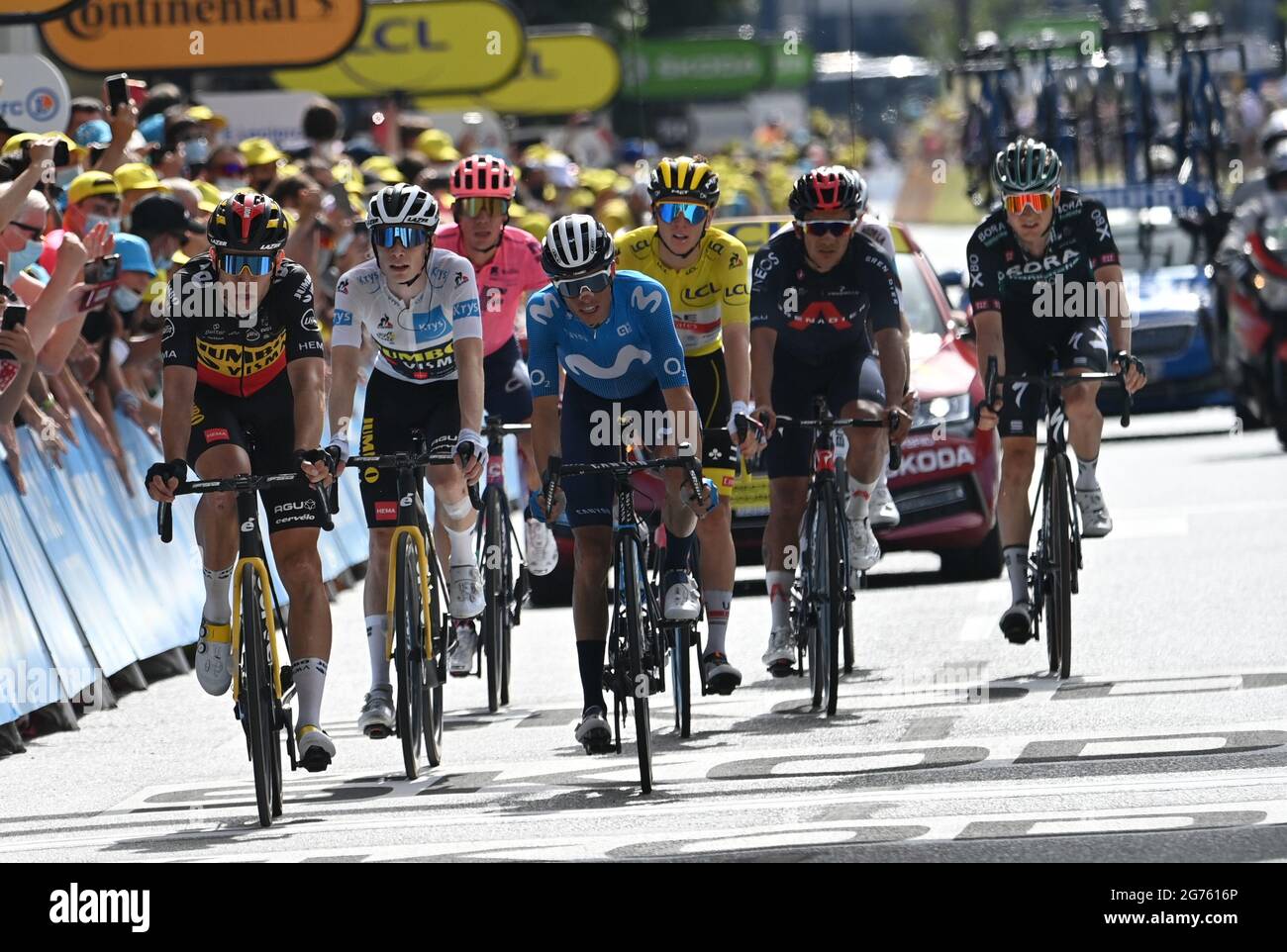 POGACAR Tadej (SLO) of UAE TEAM EMIRATES, VINGEGAARD Jonas (DEN) of JUMBO - VISMA, CARAPAZ Richard (ECU) of INEOS GRENADIERS, VAN AERT Wout (BEL) of JUMBO - VISMA, URAN Rigoberto (COL) of EF EDUCATION - NIPPO, rossing the finish line in stage 15 of the Tour de France, Sunday 11th July, 2021. Photo credit should read: Pete Goding/GodingImages Stock Photo