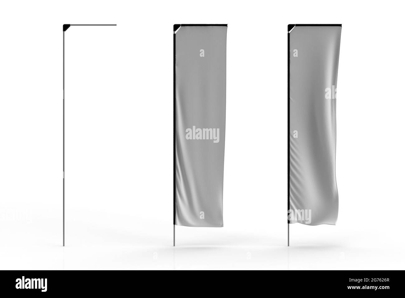 3D render of white photo realistic advertisement banner flag Mechanism and Flag isolated on white background, for mockup and illustration 3 views Stock Photo