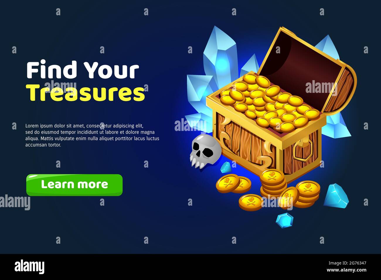 Find treasure cartoon poster with chest of gold and jemstones vector ...