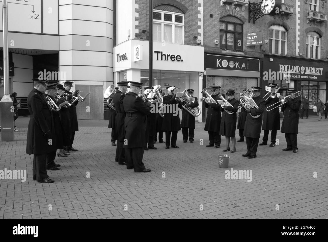 CROYDON, UNITED KINGDOM - Feb 07, 2016: Band of the Salvation Army entertaining shoppers in Croydon High Street, England. Stock Photo