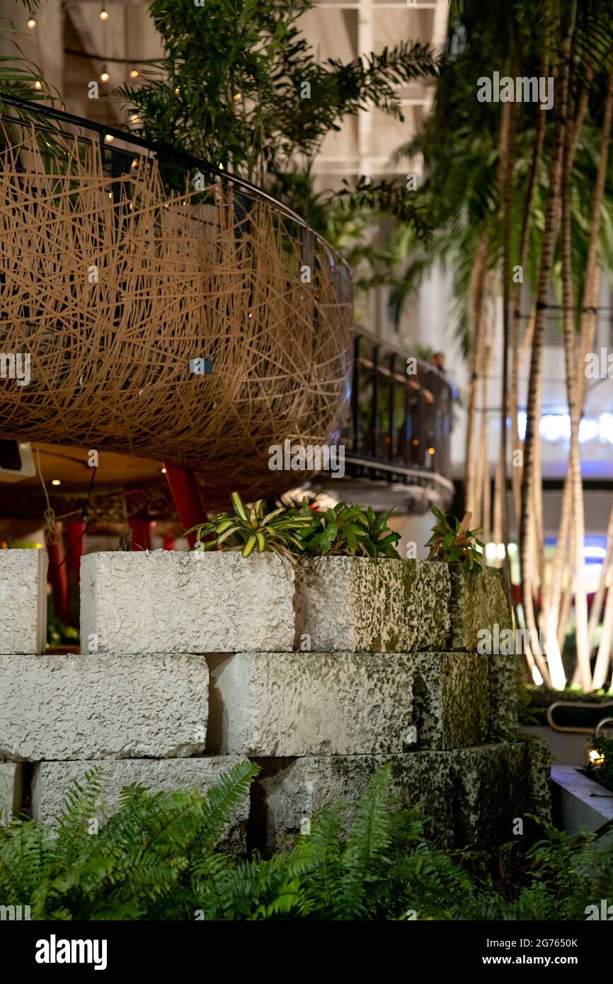 Urban garden space with stones and trees Stock Photo