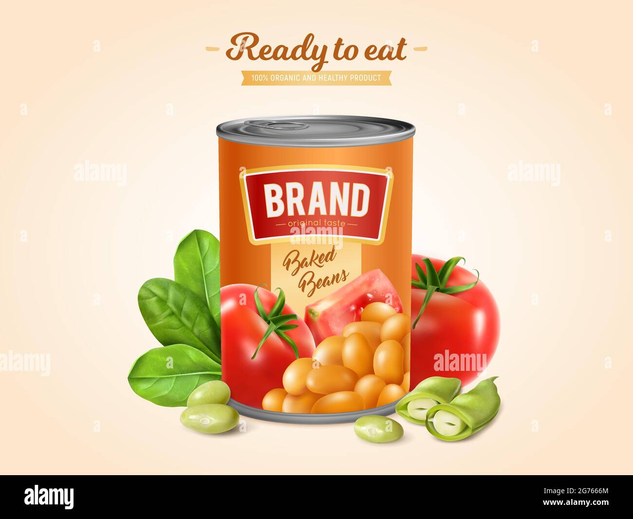 White baked beans in tomato sauce tin ready to eat realistic advertising composition with lettuce  vector illustration Stock Vector