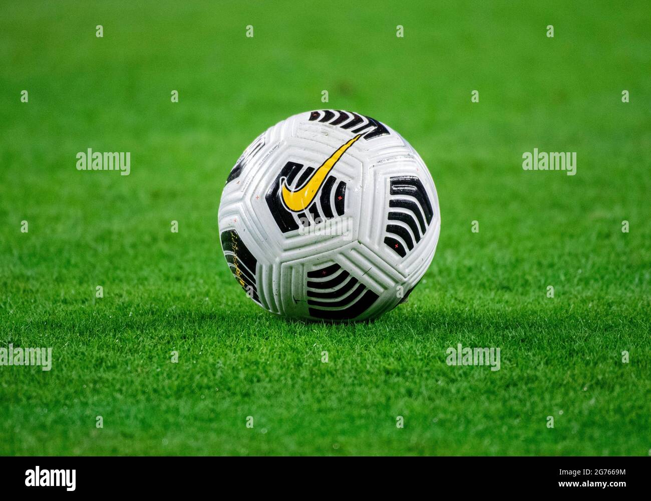 Jul 10, 2021: A Nike soccer ball sits on the field during a CONCACAF Gold  Cup game between Mexico and Trinidad & Tobago at AT&T Stadium in Arlington,  TX Mexico and Trinidad