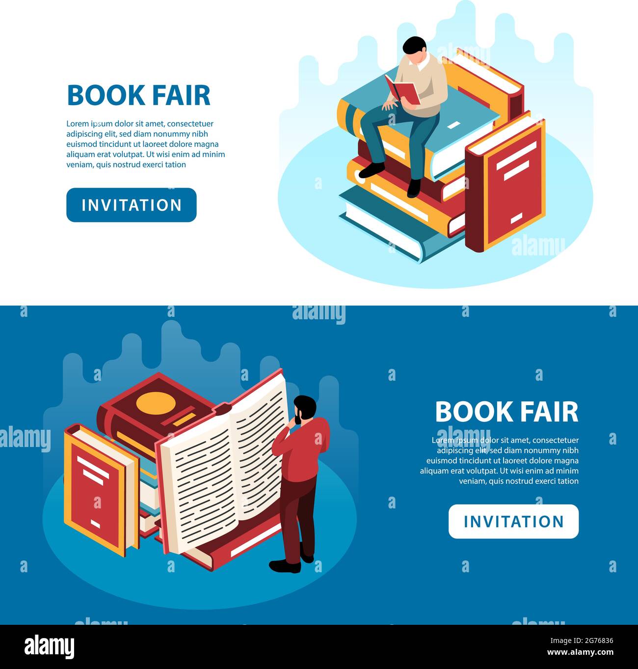 Isometric banners set with people reading books at fair 3d isolated vector illustration Stock Vector