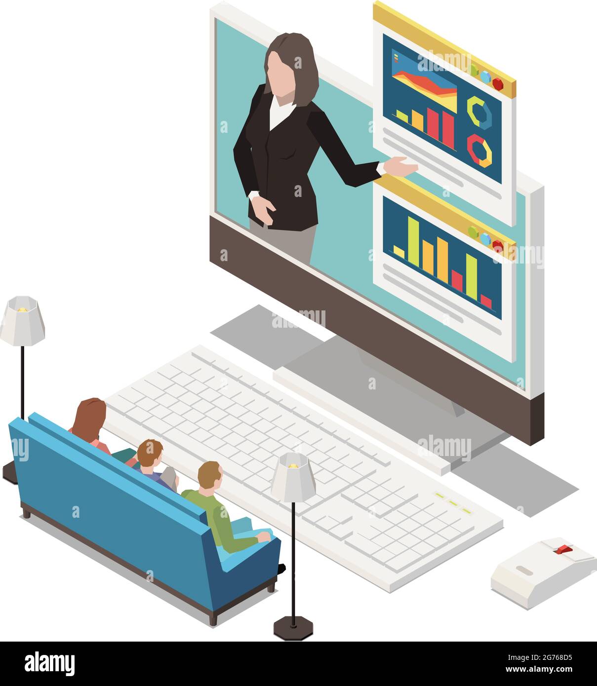 Online presentation remote work composition with workers sitting on sofa at home with desktop computer vector illustration Stock Vector