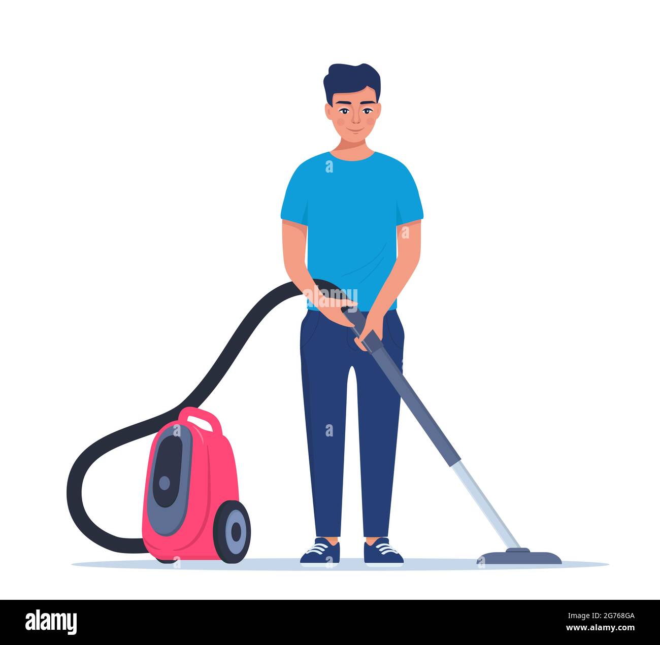 Man Enjoy Cleaning House with Vacuum Cleaner. Smiling man cleans the house. Man character vacuuming the floor. Cleaning service. Housekeeping. Vector Stock Vector