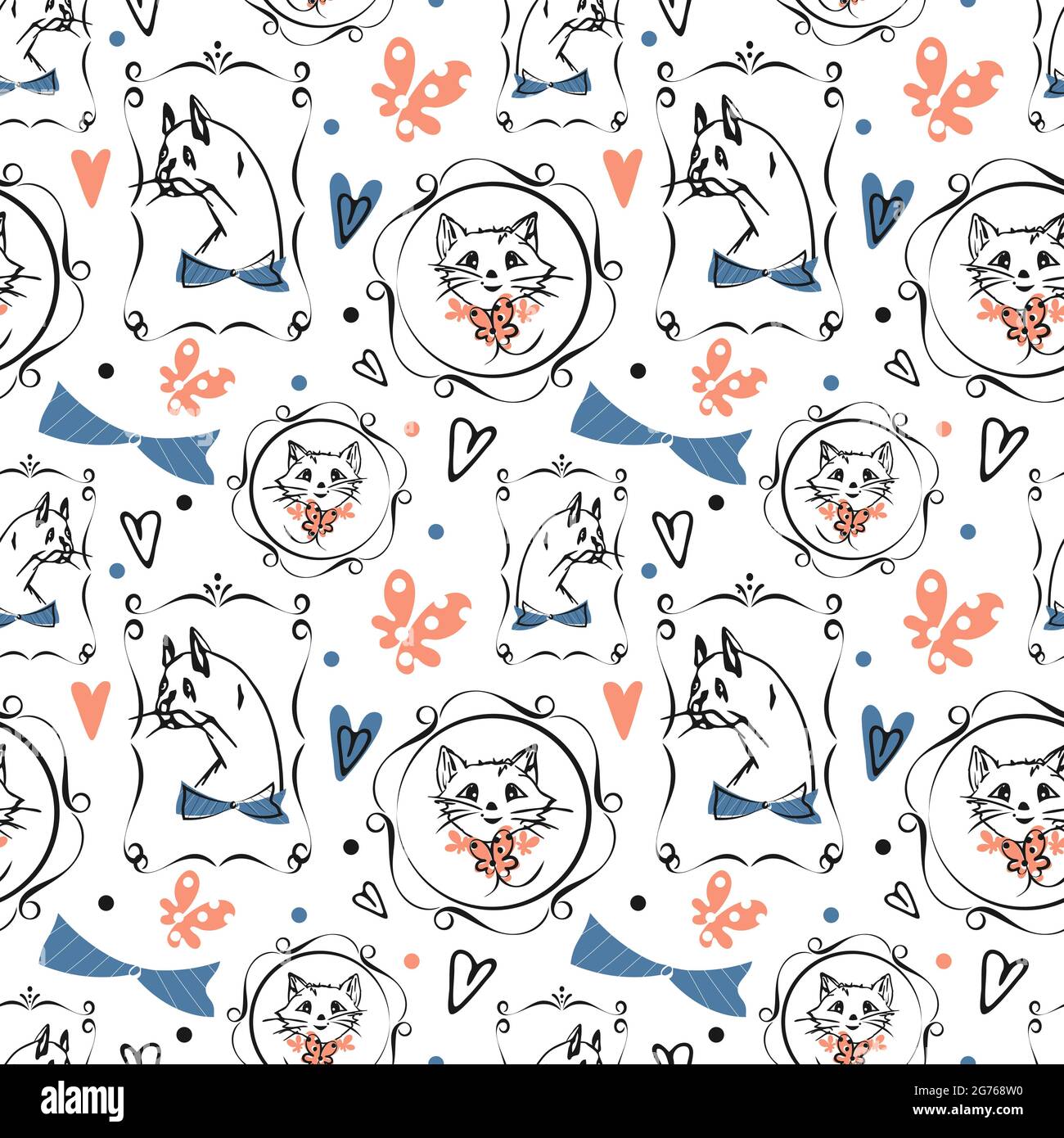 Cats, retro frames vector seamless pattern. Comic cartoon hand drawn ...