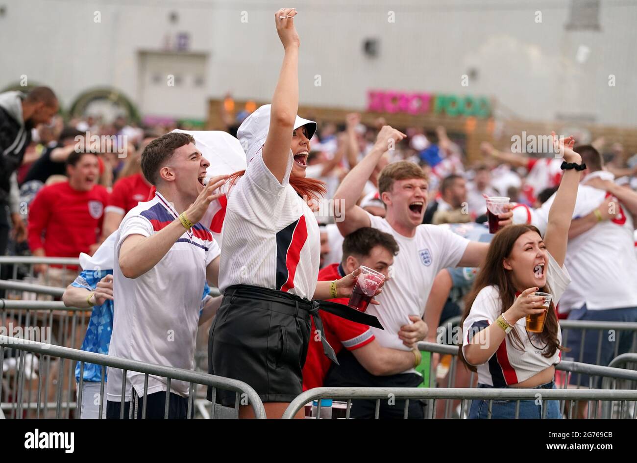 England fans at the fan zone in Trafford Park, Manchester as they watch the  UEFA Euro 2020 Final between Italy and England. Picture date: Sunday July  11, 2021 Stock Photo - Alamy