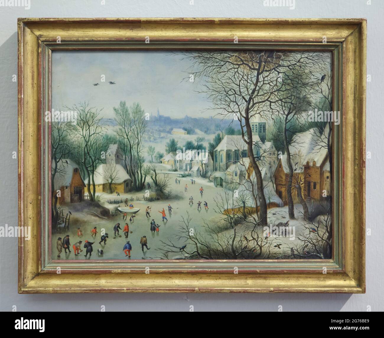 Painting 'Winter Landscape' attributed to Flemish Baroque painter Peeter Gijsels (1621-1690) on display at the permanent exhibition of old masters of the National Gallery (Národní galerie) in Sternberg Palace (Šternberský palác) in Prague, Czech Republic. The painting is a variation after the famous painting 'Winter Landscape with Ice skaters and Bird trap' by Pieter Bruegel the Elder (1565). Stock Photo
