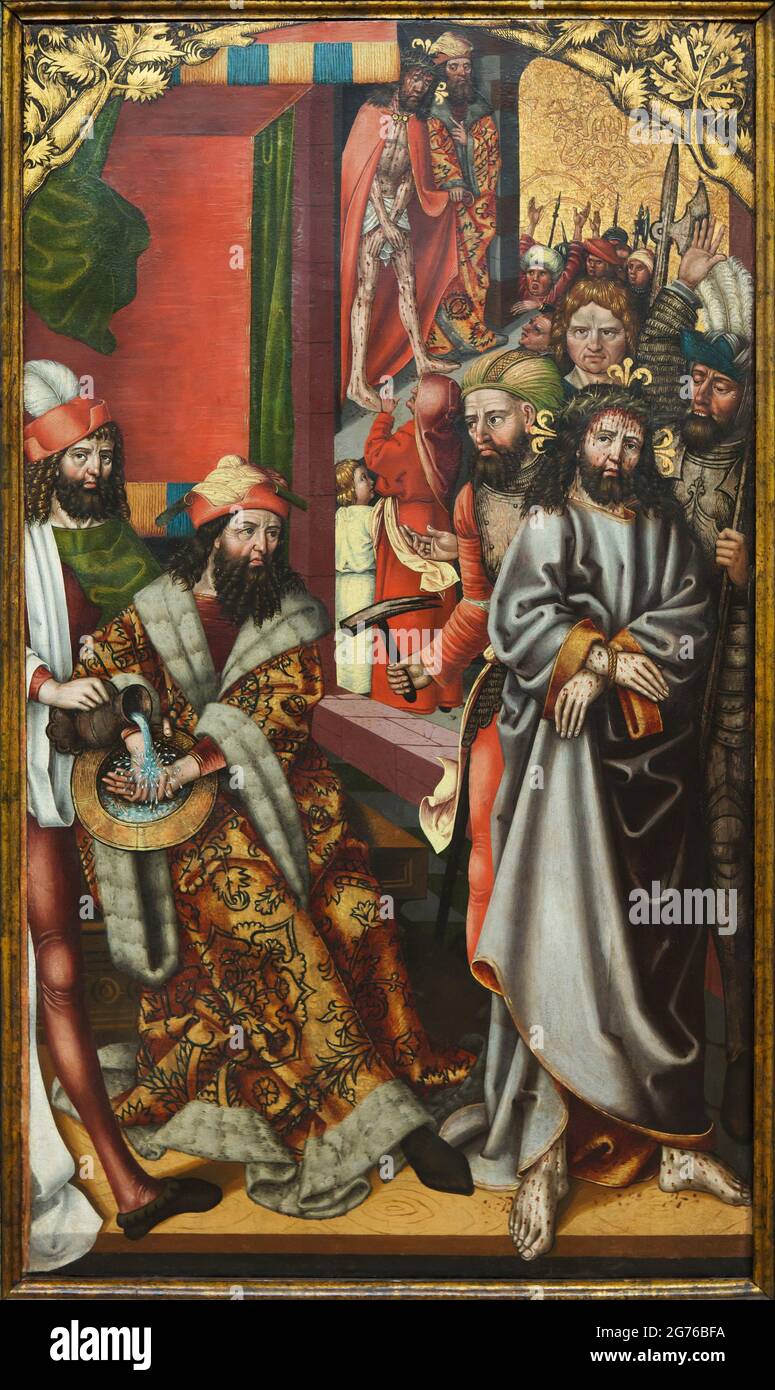 Christ before Pilate. Detail of the Passion Altarpiece from Göttingen by German late Gothic painter Hans Raphon (1499) on display at the permanent exhibition of old masters of the National Gallery (Národní galerie) in Sternberg Palace (Šternberský palác) in Prague, Czech Republic. Stock Photo