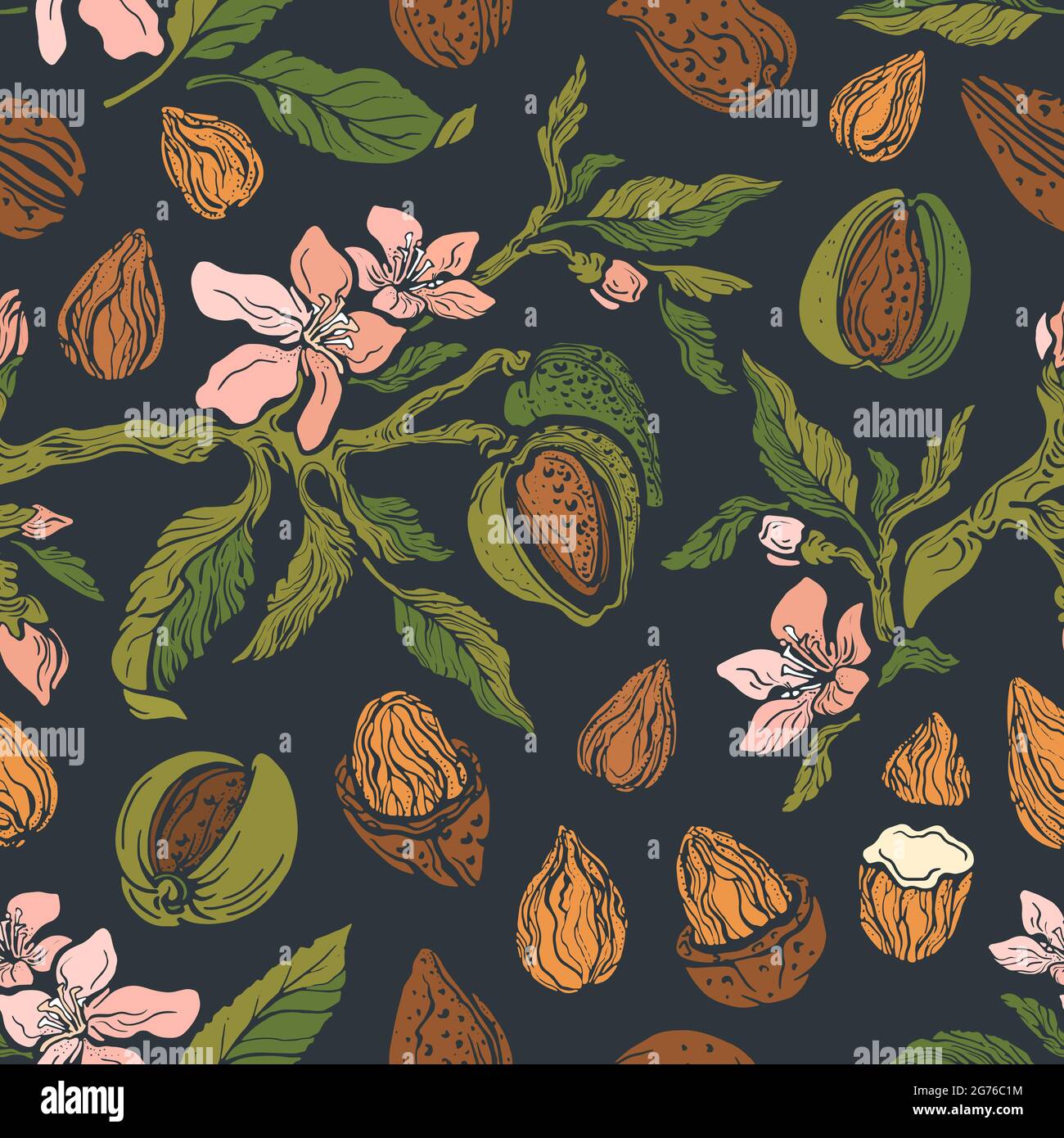 Almond print. Vector seamless pattern. Tropical tree, nut, green leaf, flower. Vintage floral illustration. Art hand drawn retro background. Organic v Stock Vector