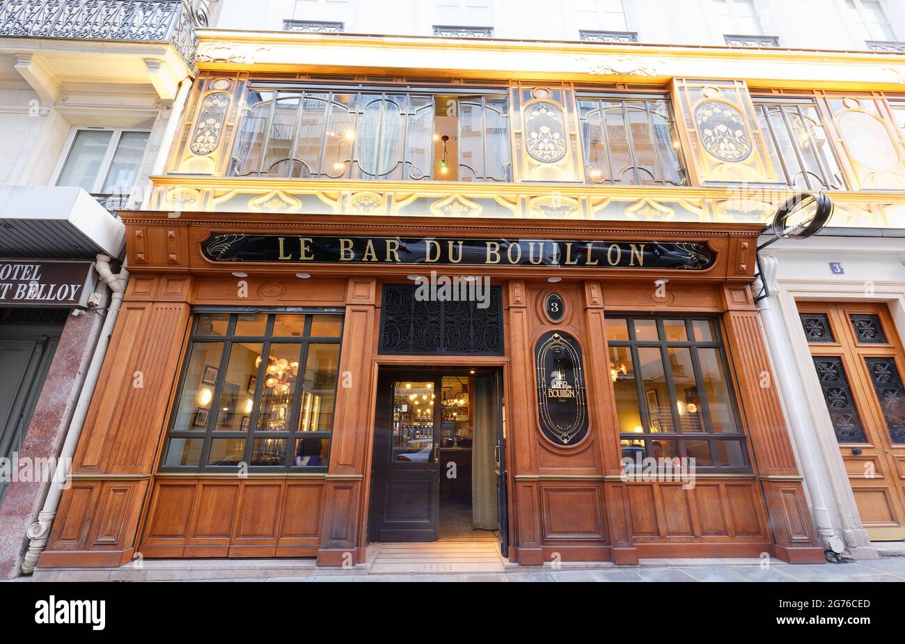 Bouillon Camille Chartier is historic French restaurant on Racine Street in Paris . It showed characteristic Art Nouveau style: carved wood and Stock Photo