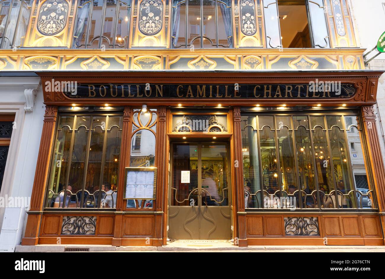 Bouillon Camille Chartier is historic French restaurant on Racine Street in Paris . It showed characteristic Art Nouveau style: carved wood and Stock Photo