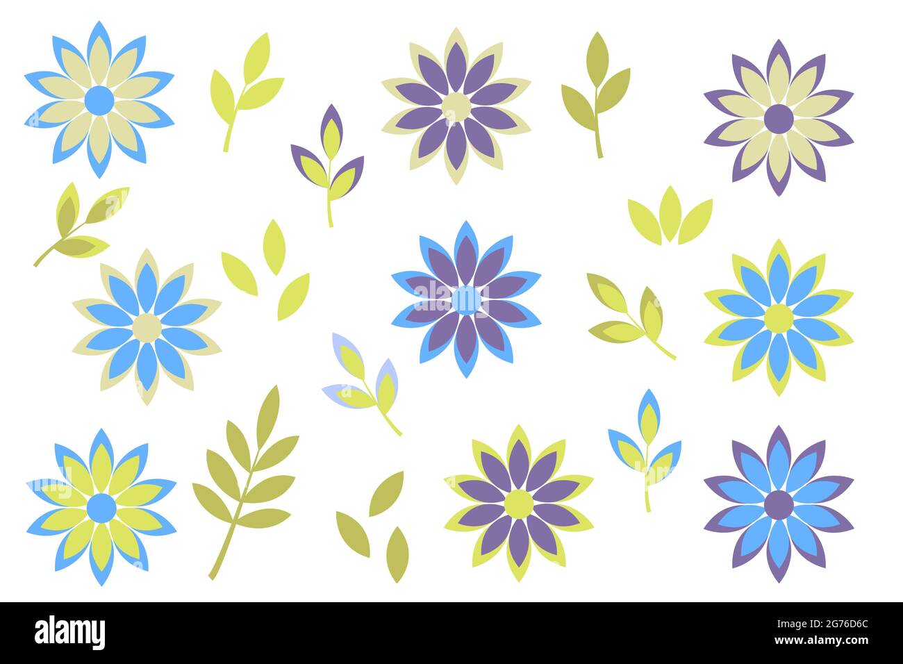 Colorful flowers and leaves flat set. Vector on white background Stock ...