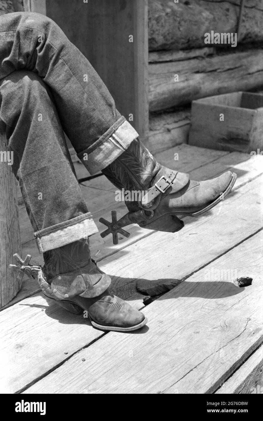 Detail of Farmer's Blue Jeans, Boots and Spurs, Pie Town, New Mexico, USA, Russell Lee, U.S. Farm Security Administration, June 1940 Stock Photo
