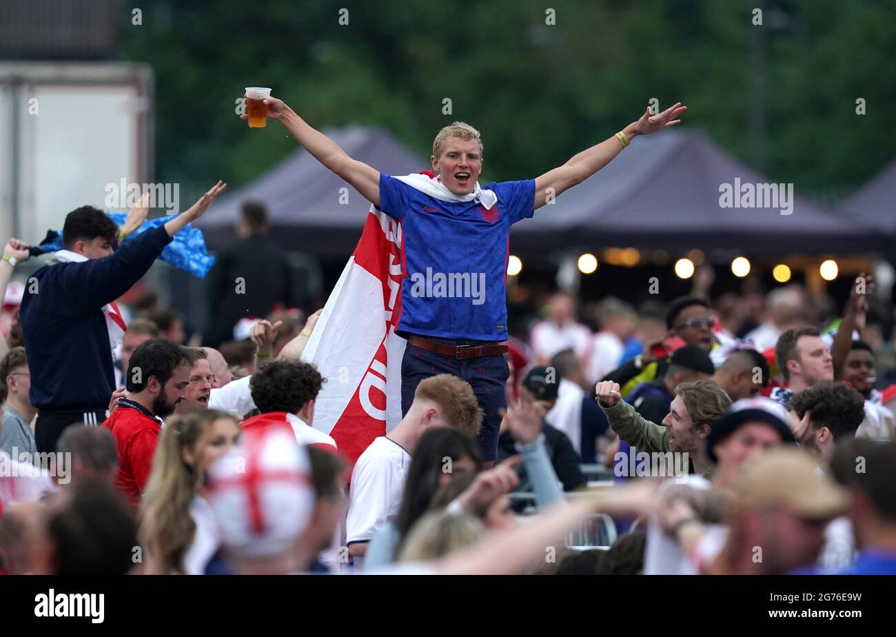 England fans at the fan zone in Trafford Park, Manchester as they watch the  UEFA Euro 2020 Final between Italy and England. Picture date: Sunday July  11, 2021 Stock Photo - Alamy