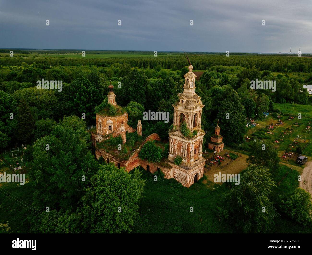 Abandoned Russian orthodox Church of the Transfiguration of the Savior, Ryazan region, aerial view. Stock Photo