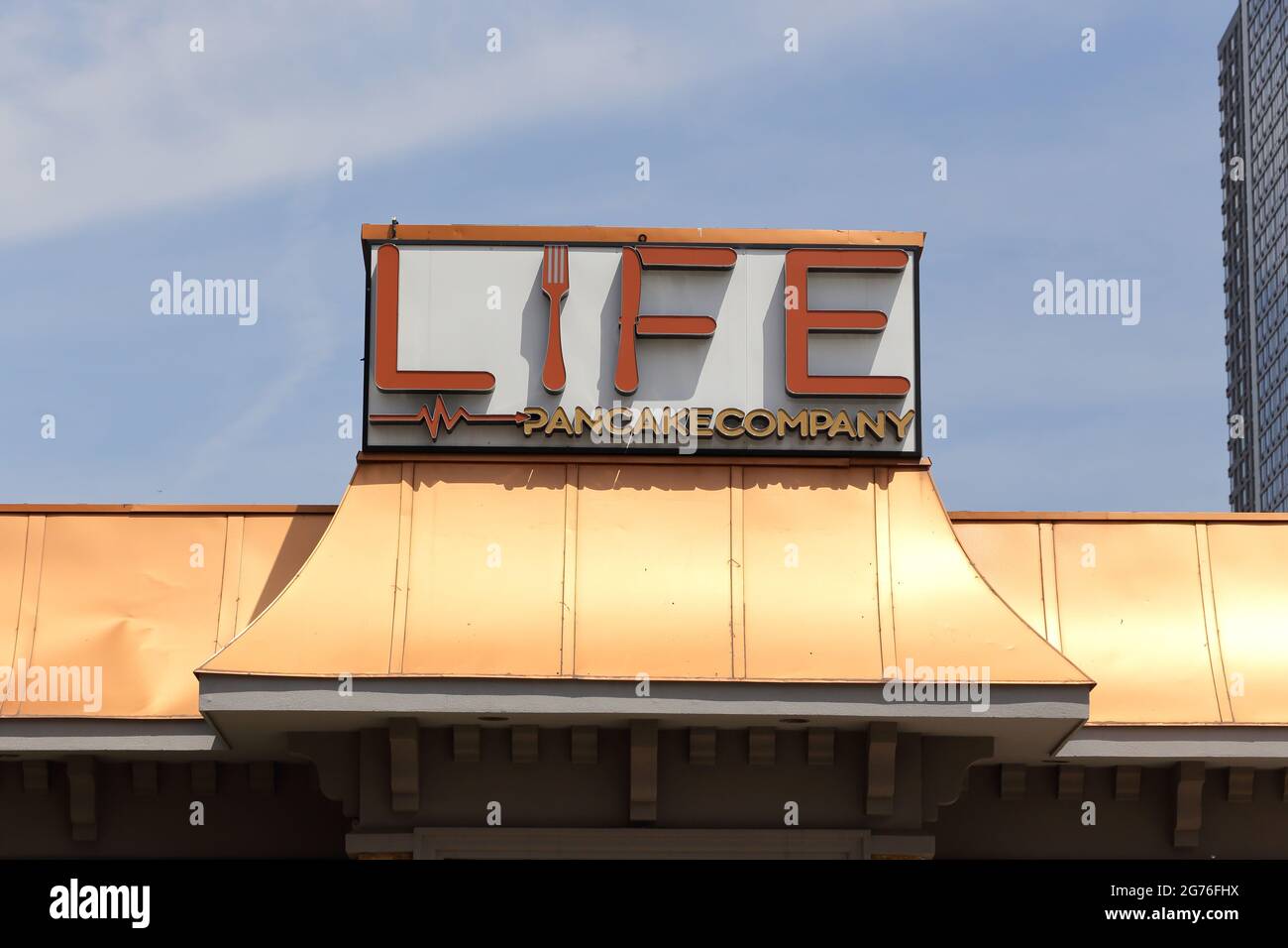 Life Pancake Company, 426 Jersey Ave, Jersey City, NJ. exterior storefront of a diner in Downtown Jersey City. Stock Photo