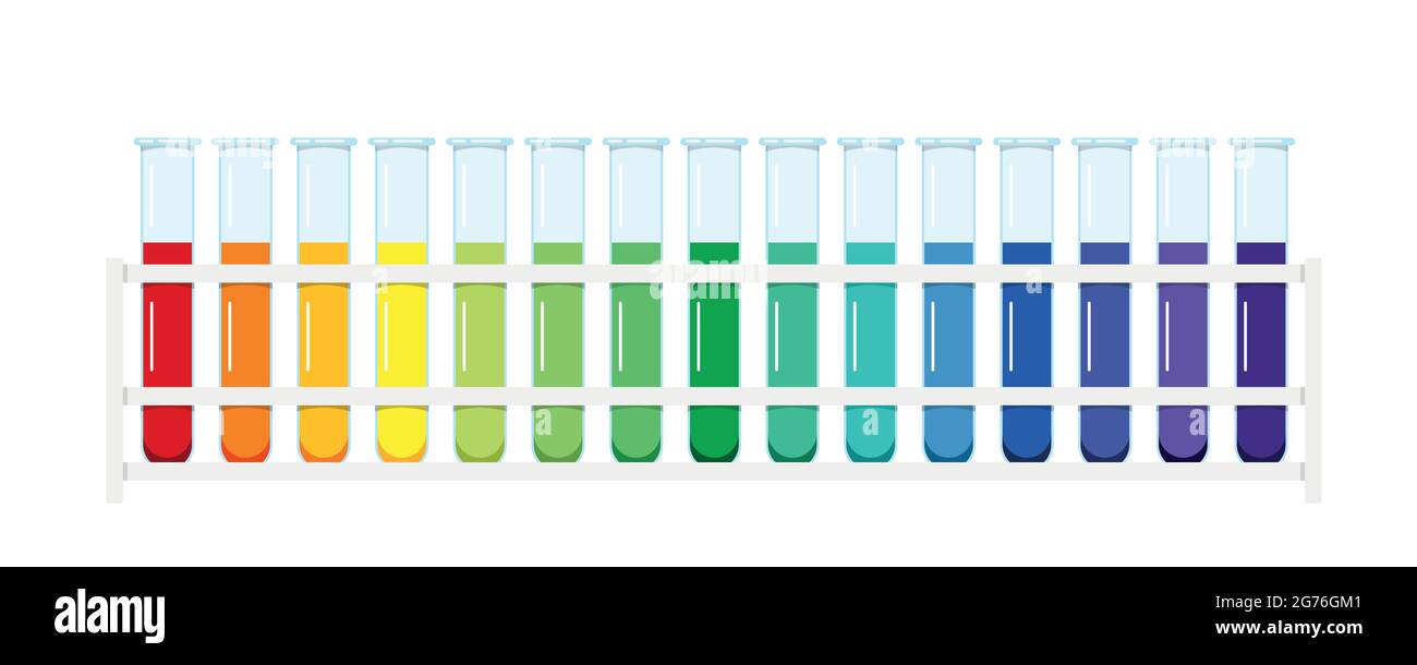 Standard pH chart aqueous solution in glass test tubes in lab rack isolated on white background. Stock Vector
