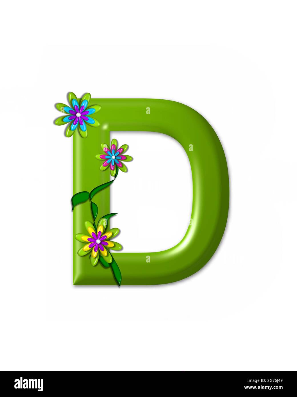The letter D, in the alphabet set 'Wonderland' is 3d and colored green.  Letter is decorated with 3d flowers and vines. Stock Photo