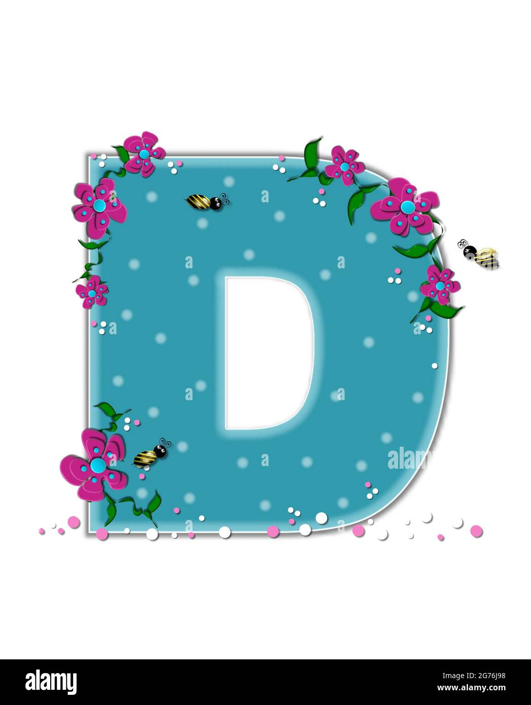 The letter D, in the alphabet set 'Garden Buzz,' is aqua.  Each letter is decorated with soft polka dots, flowers and buzzing bees.  Base of letter is Stock Photo