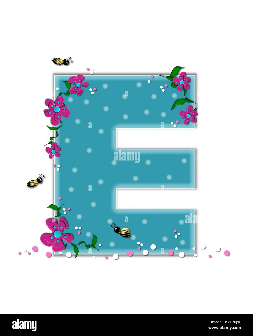 The Letter E In The Alphabet Set Garden Buzz Is Aqua Each Letter Is Decorated With Soft Polka Dots Flowers And Buzzing Bees Base Of Letter Is Stock Photo Alamy