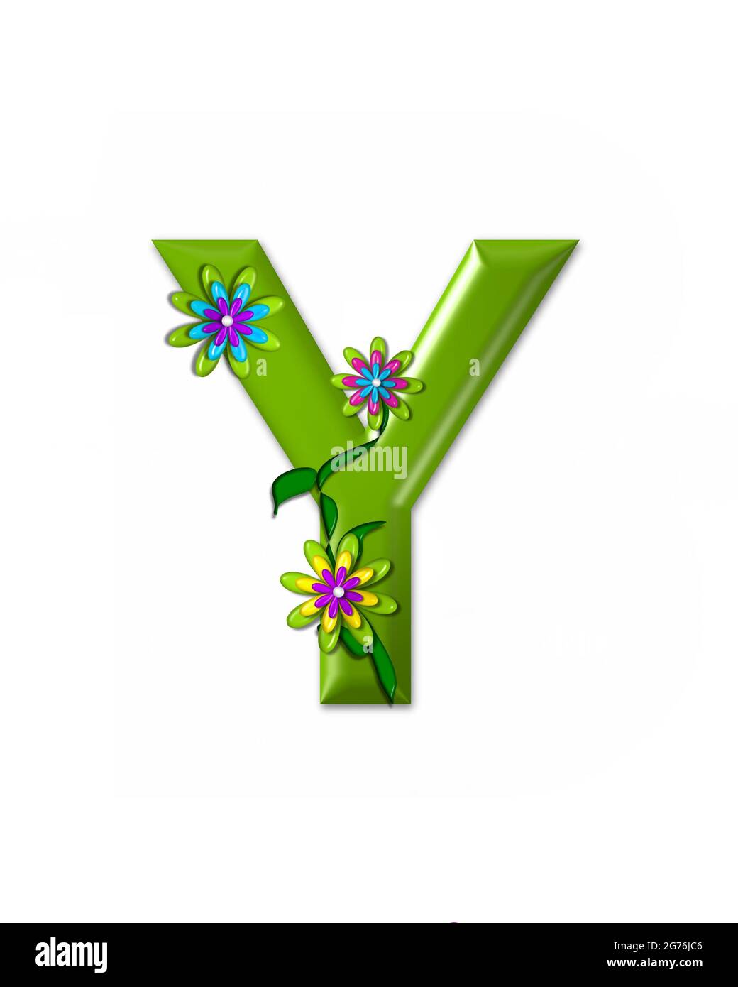 the letter y in the alphabet set wonderland is 3d and colored green letter is decorated with 3d flowers and vines stock photo alamy