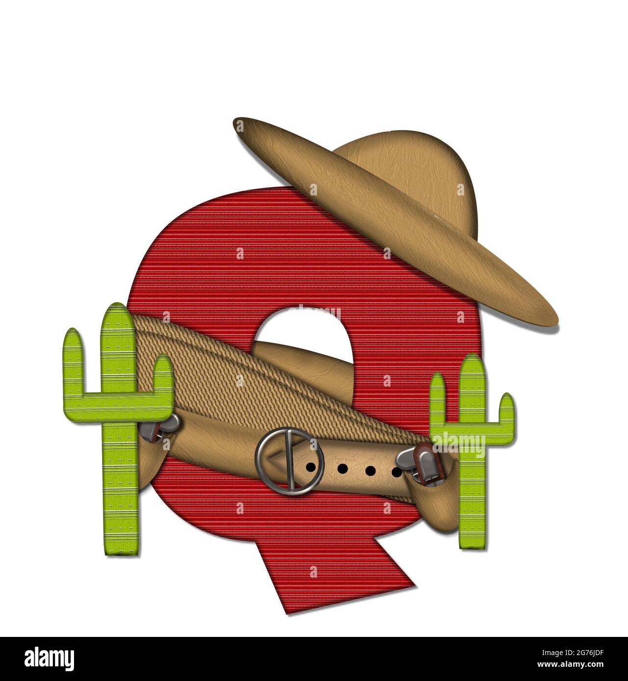 The letter Q, in the alphabet set 'Bandido,' is a red lined, tight woven pattern.  Letter is wearing a gun belt and blanket with a somberro on top.  T Stock Photo