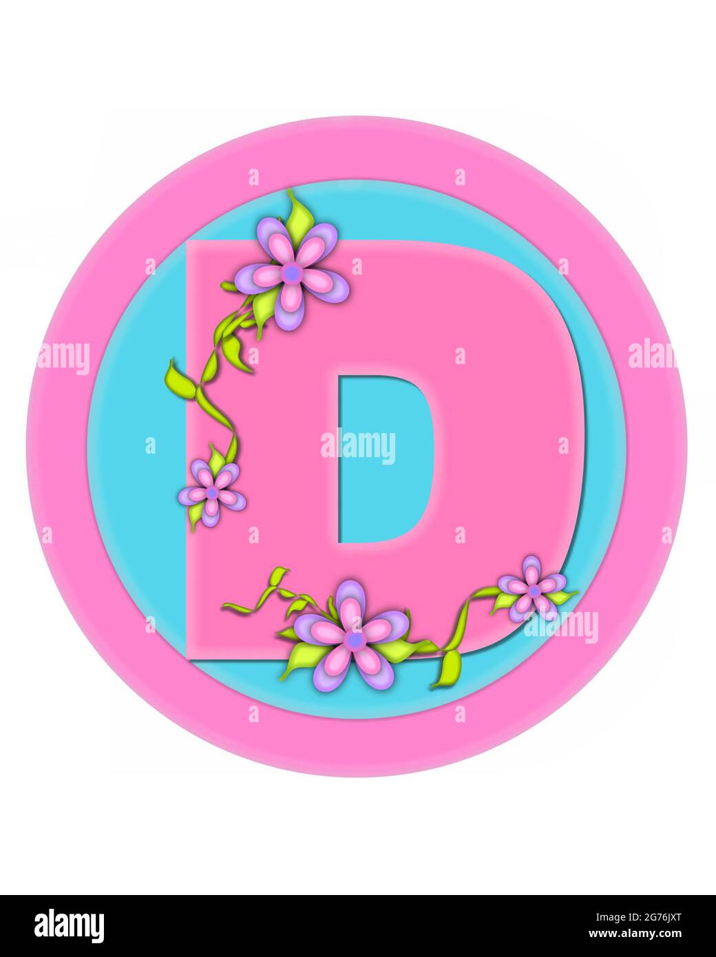 The letter D, in the alphabet set 'Bouquet in Pastels,' is soft pink.  Letter is decorated with flowers and sits on circles in aqua and pink. Stock Photo