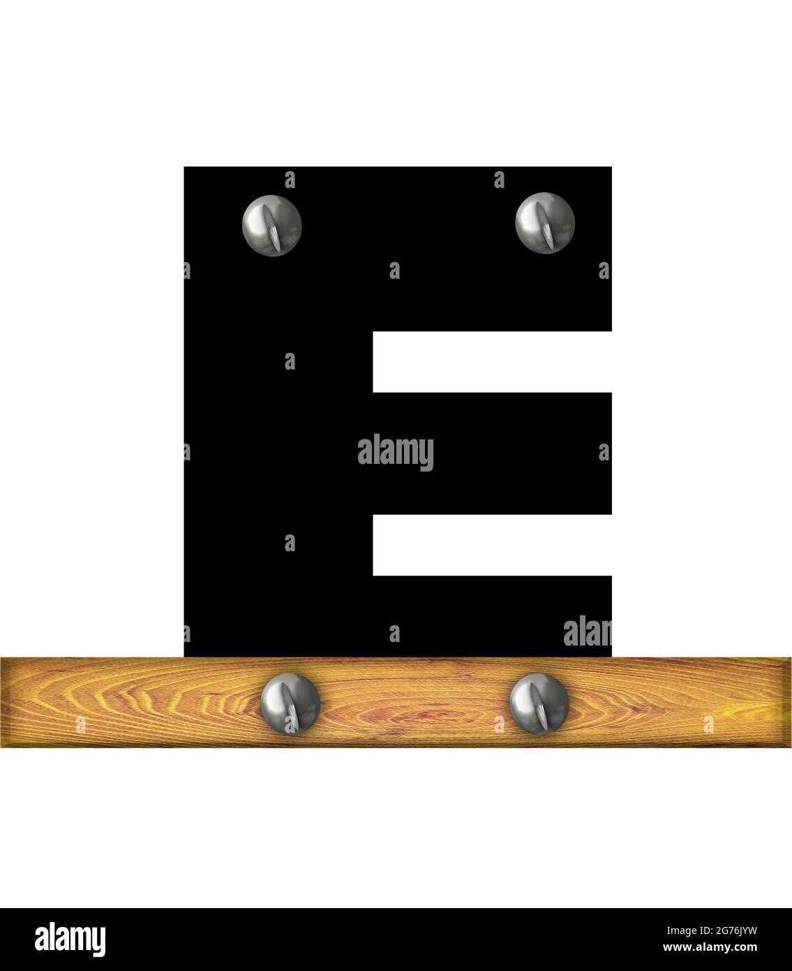 The letter E, in the alphabet set "Alphabet Building," is black and riveted with silver screws