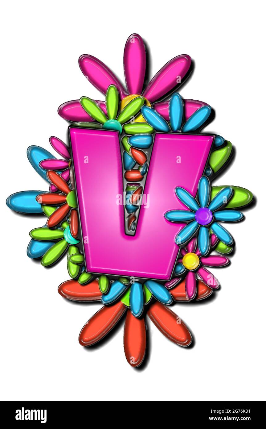 The Letter V From The Alphabet Set Alphabet Flower Cushion Sits On A Cluster Of Daisies In Hot Pink Orange Vivid Blue And Neon Green Stock Photo Alamy