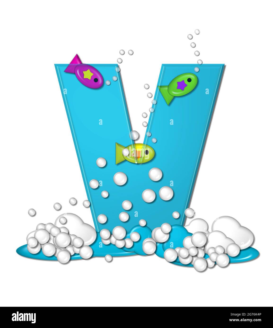 The letter V, in the alphabet set "Bubbly Fish", is bright aqua and has ...