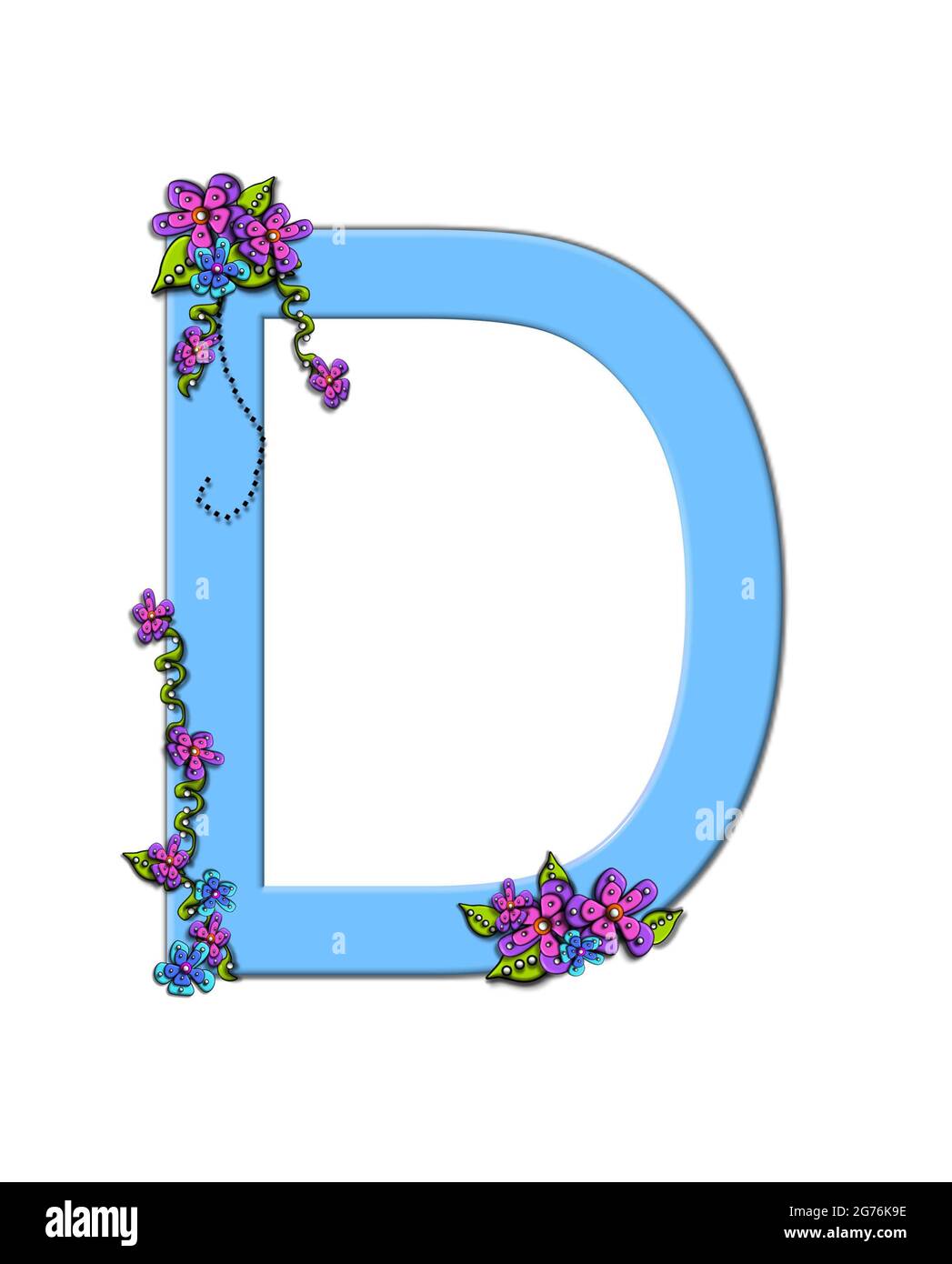 The soft, blue letter D, in the alphabet set 'Burst of Spring Blue' is decorated with bouquets of 3D flowers, with dots in white and black and vines o Stock Photo