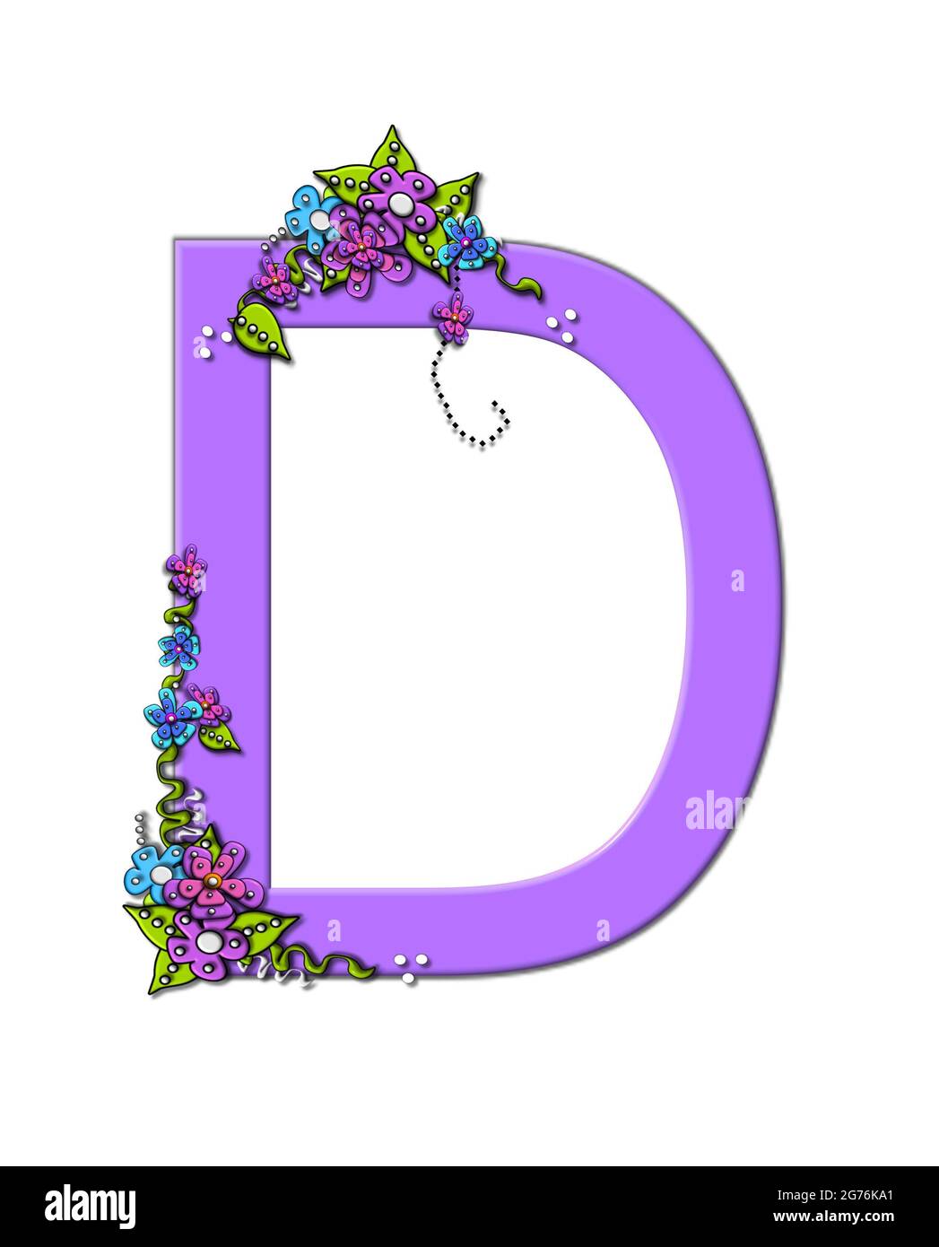 The soft, lilac letter D, in the alphabet set 'Burst of Spring Lilac' is decorated with bouquets of 3D flowers, with dots in white and black and vines Stock Photo