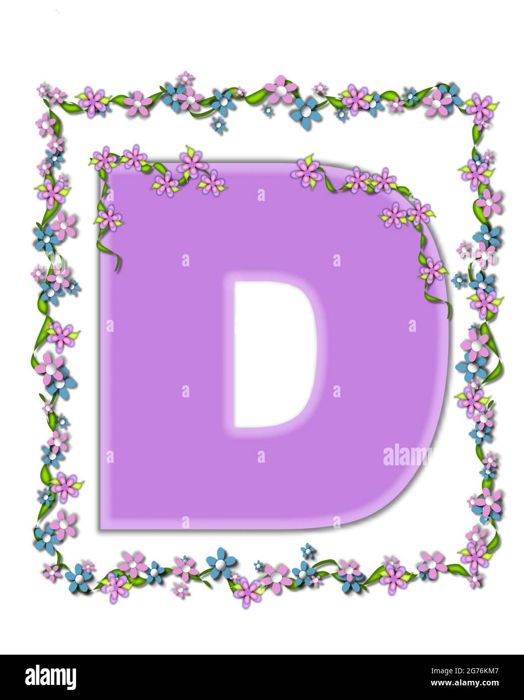 The letter D, in the alphabet set 'Daisy Fair Lilac' is a soft pastel shade of lilac.  Garland of ivy and flowers covers outline of letter and small c Stock Photo
