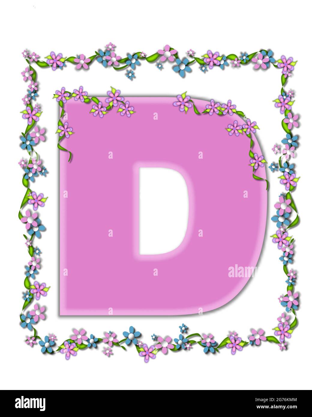 The letter D, in the alphabet set 'Daisy Fair Pink' is a soft pastel shade of lilac.  Garland of ivy and flowers covers outline of letter and smaller Stock Photo