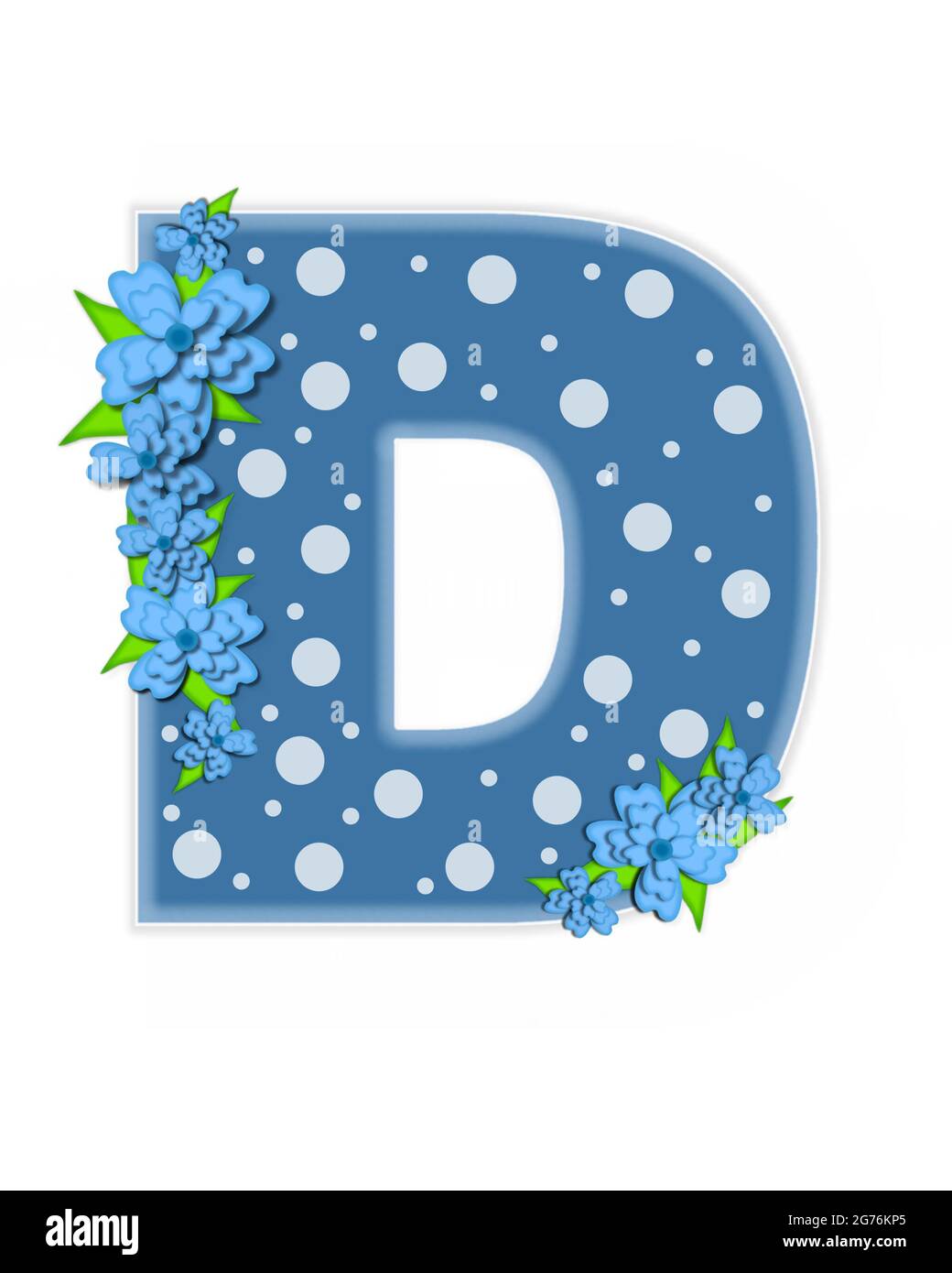 The letter D, in the alphabet set 'Dusty Blue Dots', is Blue.  Letter is decorated with blue flowers and is covered in large and small polka dots. Stock Photo