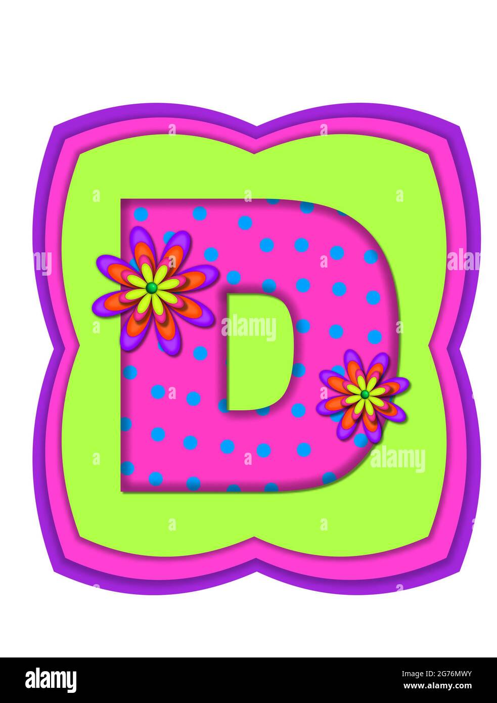 The letter D, in the alphabet set 'Daisy Daze,' is colored in vivid pink with teal polka dots.  It is decorated with four layered daisies.  All sit on Stock Photo