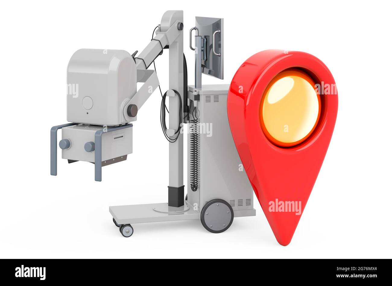 Map pointer with mobile x-ray machine, 3D rendering isolated on white ...