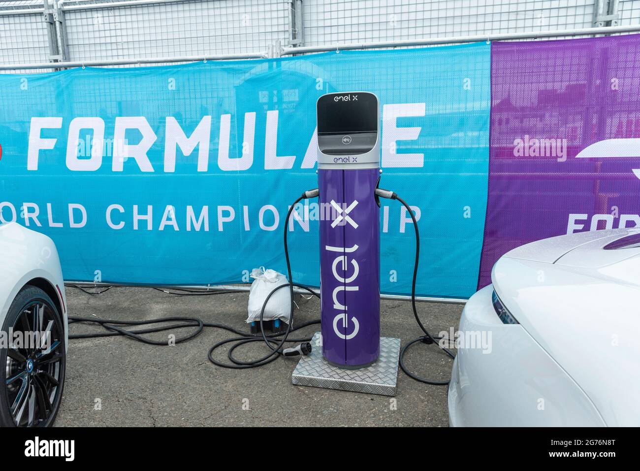 New York, NY - July 11, 2021: Charging station installed for electric cars used for VIP guests during ABB Formula E World Championship New York City E-Prix at Red Hook, Brooklyn street circuit Stock Photo