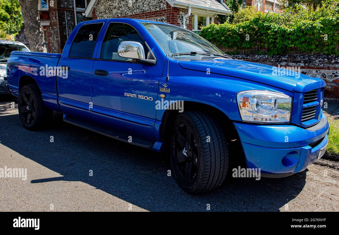 Metallic blue Dodge Ram 5.7 litre truck, parked in Littlehampton, West Sussex, UK Stock Photo