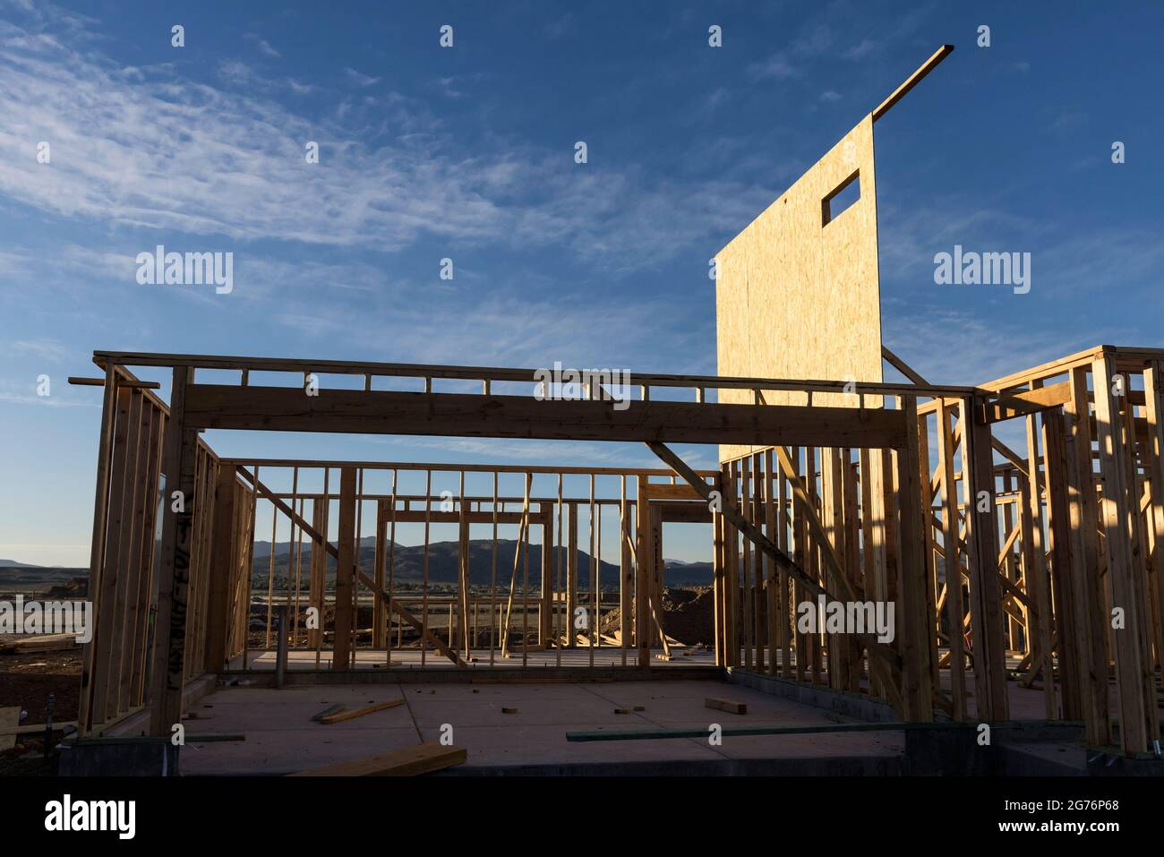 Two story house in progress in a development Stock Photo