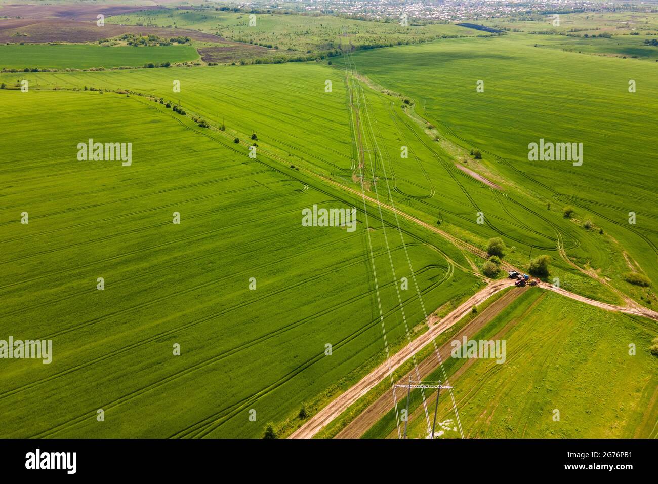 Aerial landscape view of green cultivated agricultural fields with ...