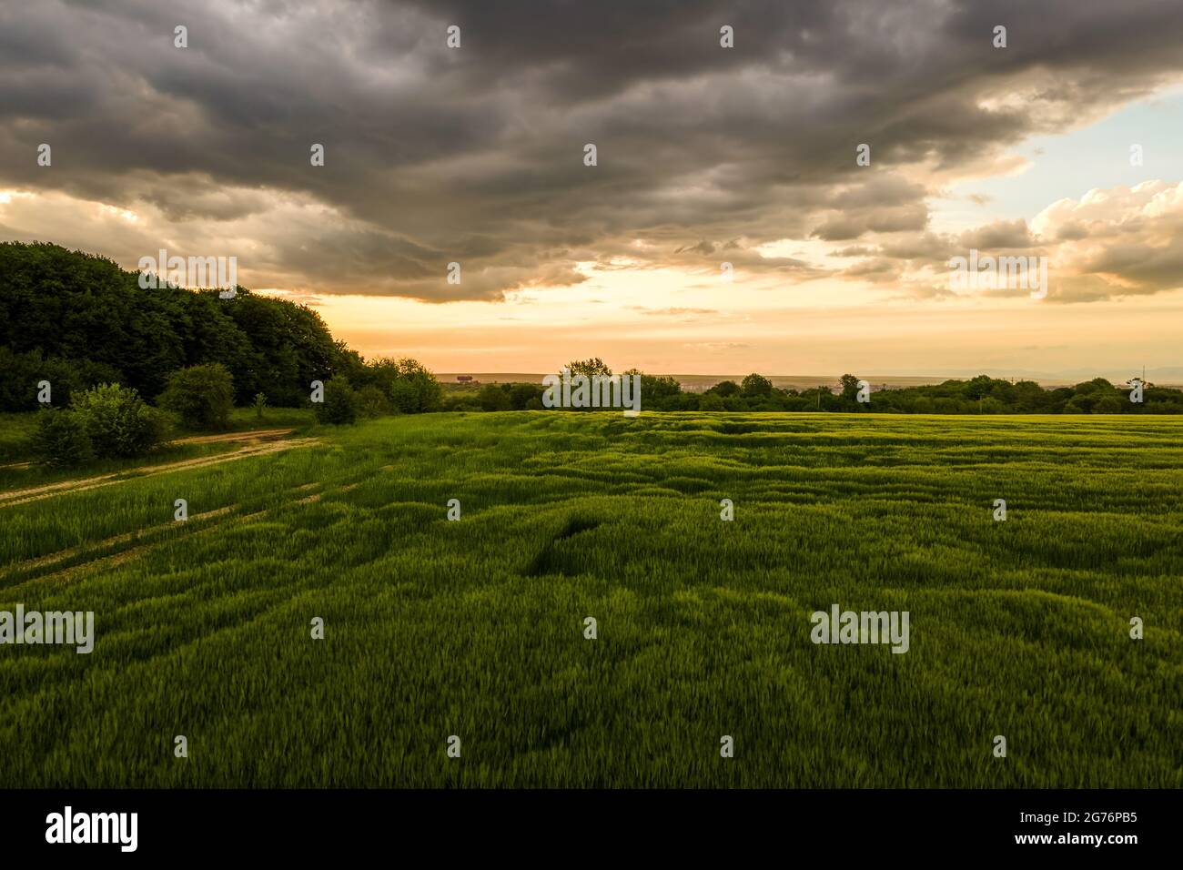 Aerial landscape view of green cultivated agricultural fields with ...