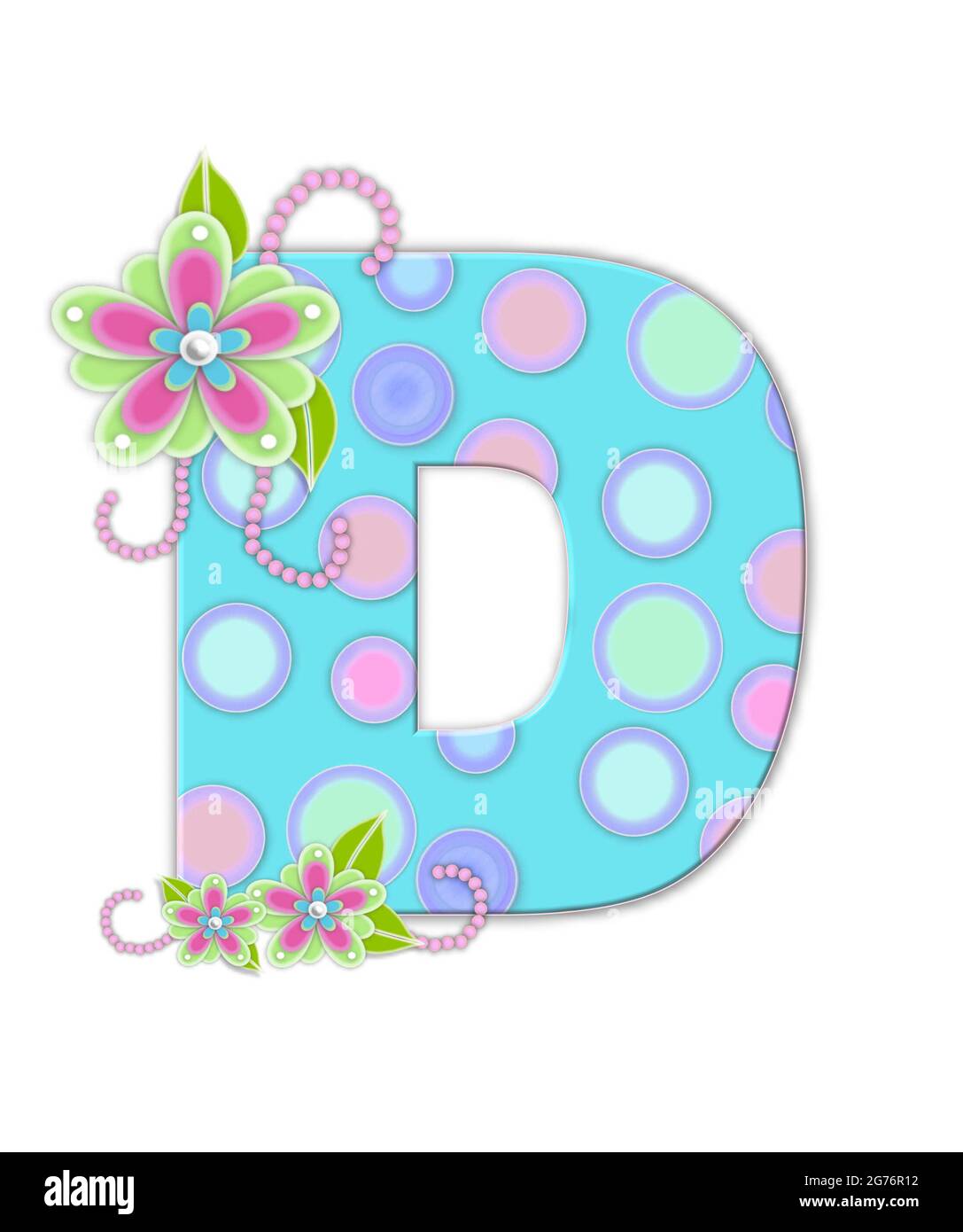 The letter D, in the alphabet set 'Softly Spotted', is soft aqua.  Letter is decorated with pastel circles, flowers and beads. Stock Photo
