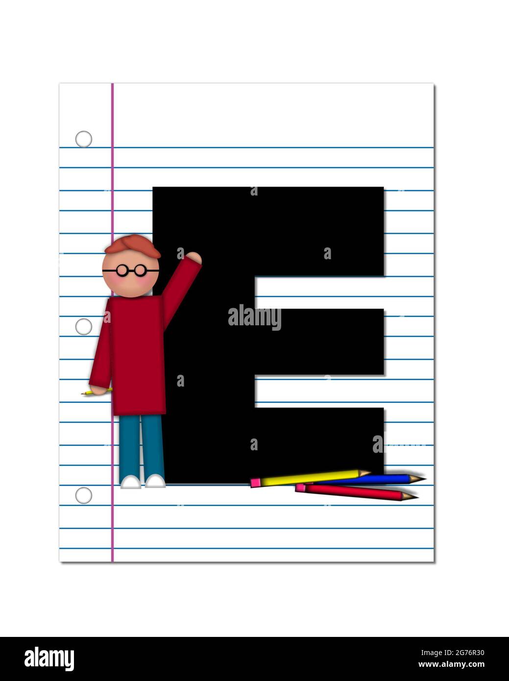 The letter E, in the alphabet set 'Start of School Two', is black.  Letter is sitting on a blank piece of notebook paper and is decorated with pencils Stock Photo