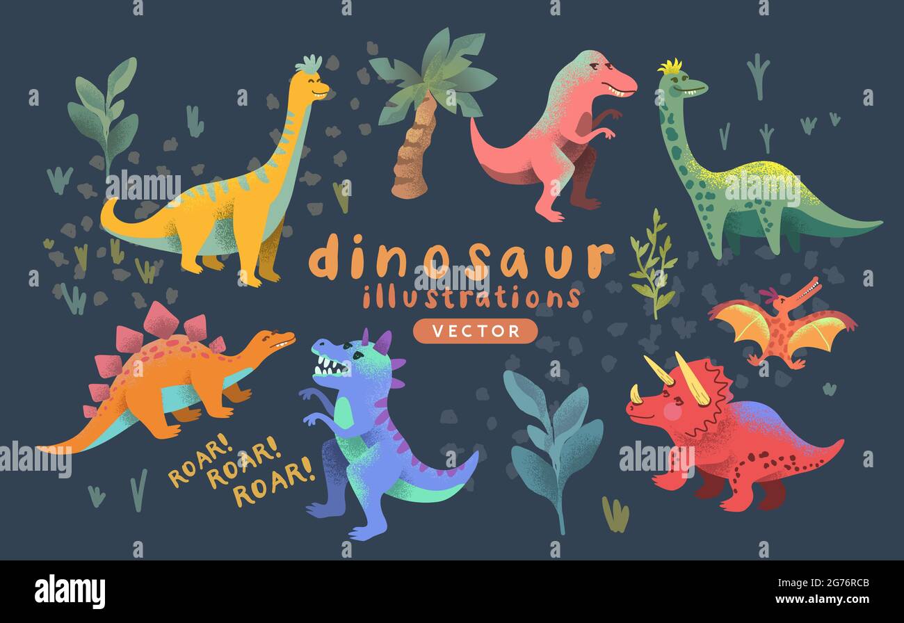 A collection of cute colorful prehistoric dinosaur characters. Vector illustration Stock Vector